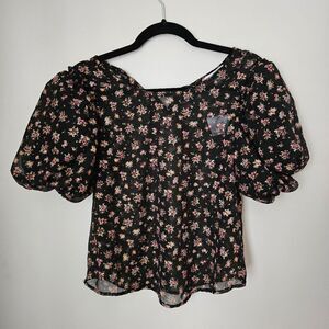 Stem & Vine Blouse Puffy Sleeves Sheer Floral Print Black Crewneck Casual Gold